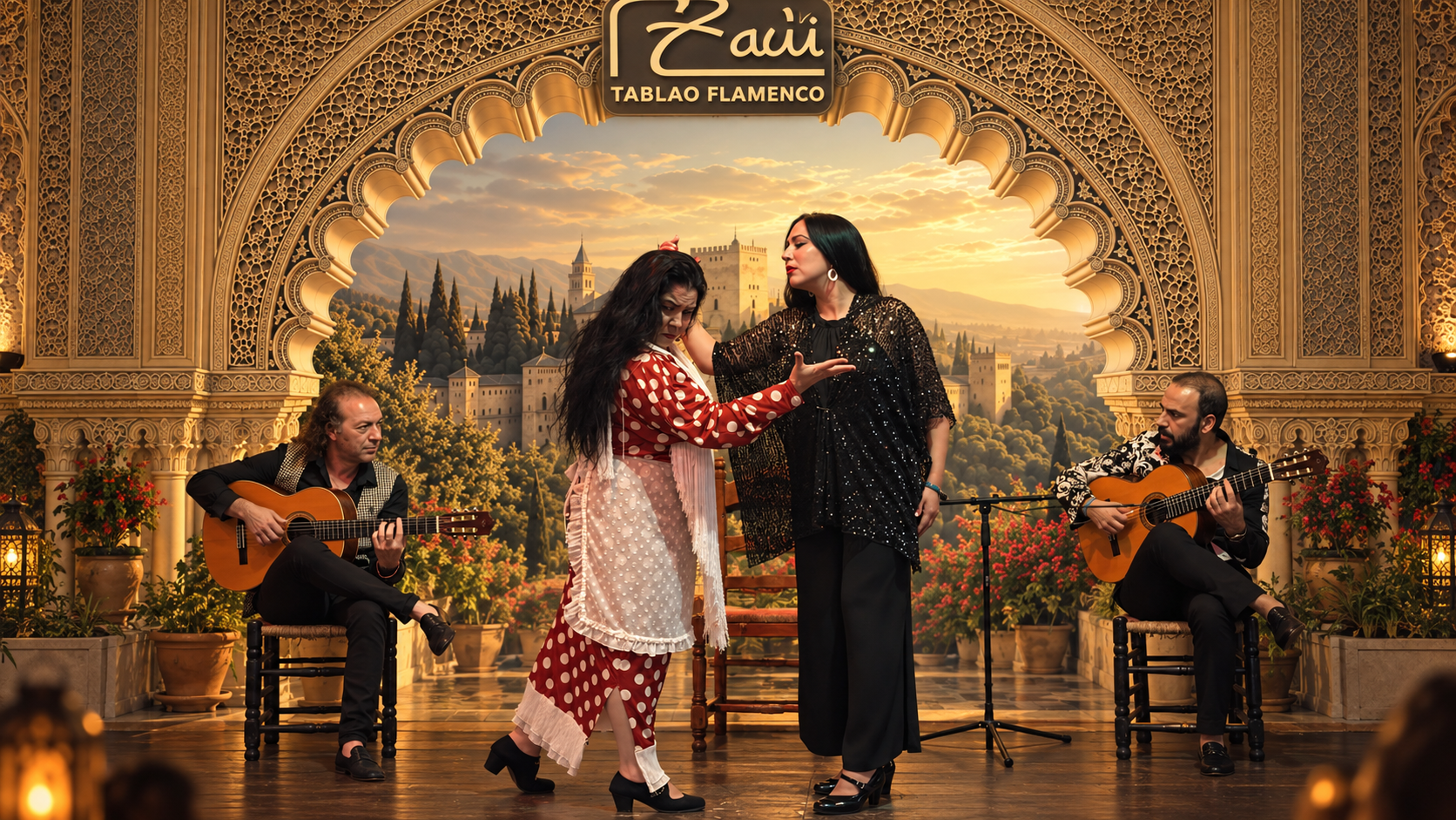 Flamenco dancer, singer and guitarists performing live at Tablao Flamenco Zawi in Granada